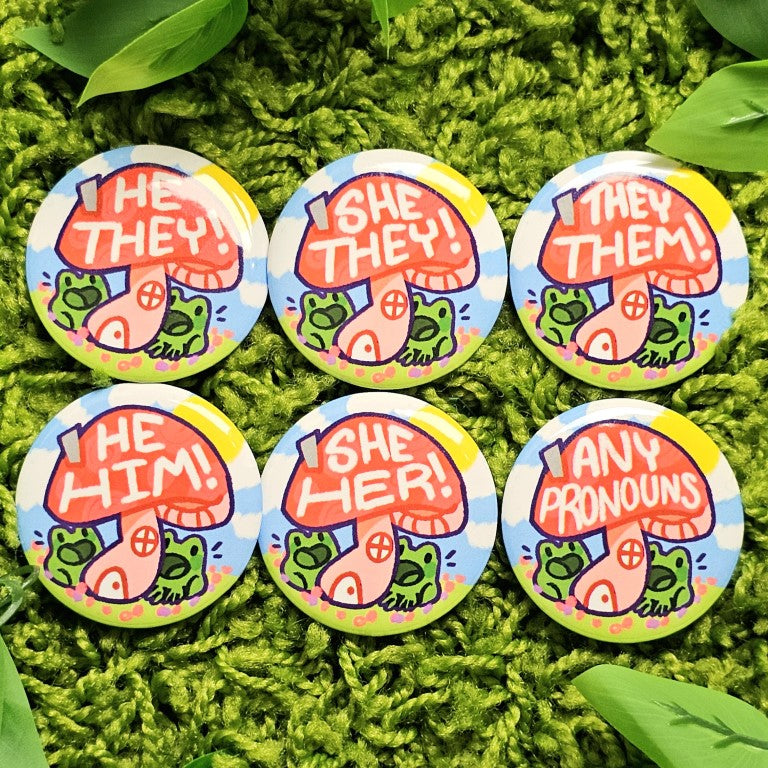 Pronoun Frog Mushroom Large Buttons