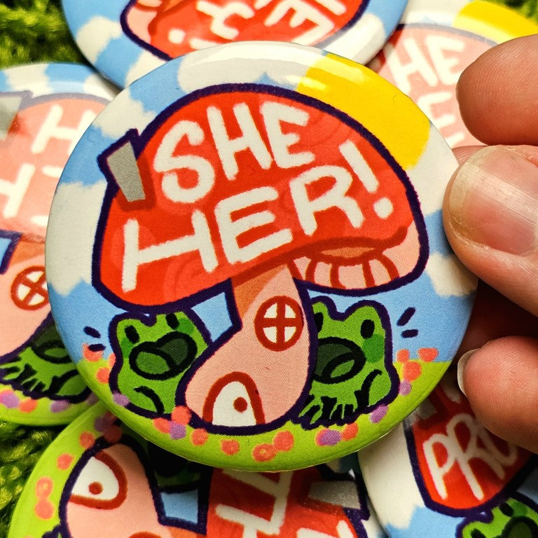 Pronoun Frog Mushroom Large Buttons