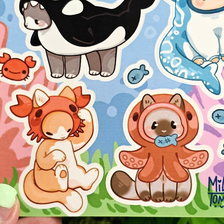 Cats in Sea Creature Costumes Sticker Sheet