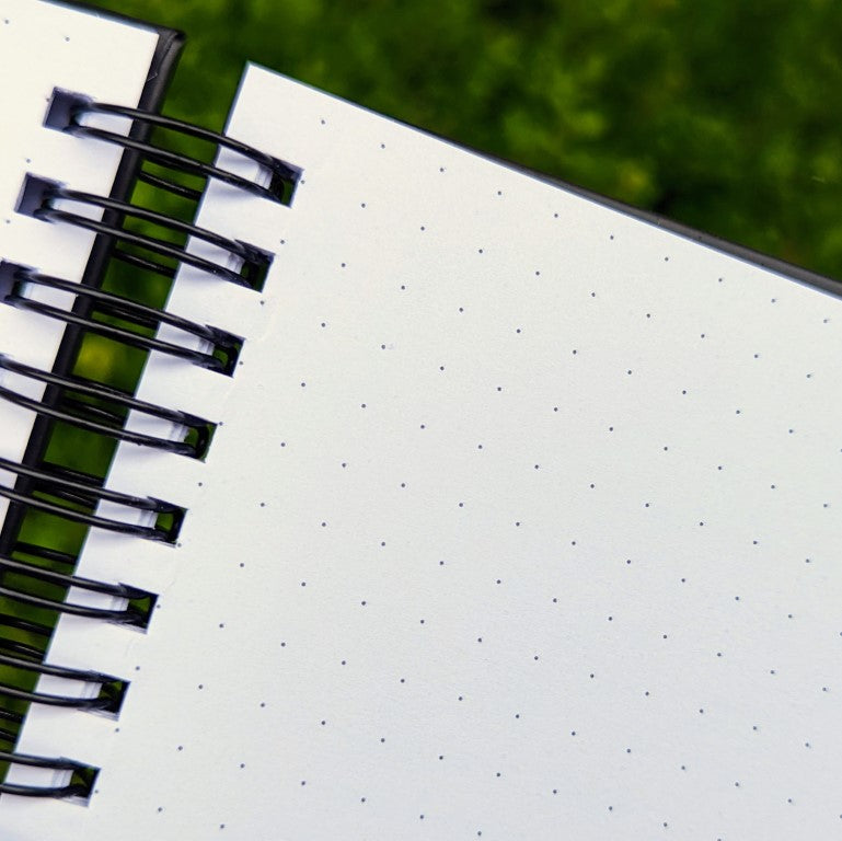 A close up view of the dotted pages in a Milky Tomato notebook.