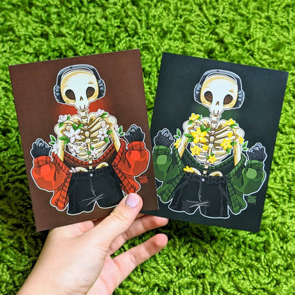 Skeleton Cade mini prints with red and green hues and aesthetic flower design.