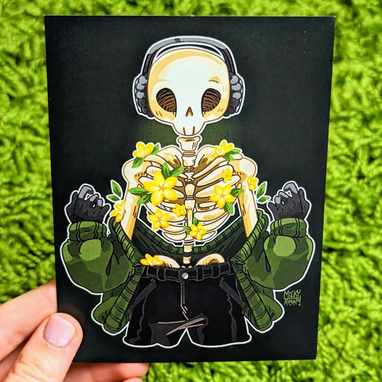 Skeleton Cade mini print with green background hue and aesthetic flower design.