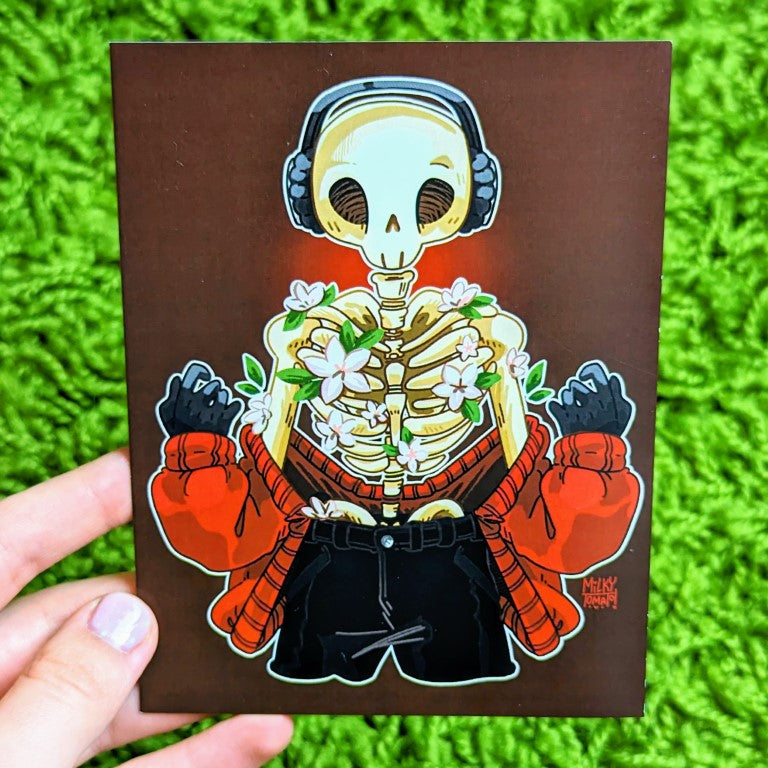 Skeleton Cade mini print with red background hue and aesthetic flower design.