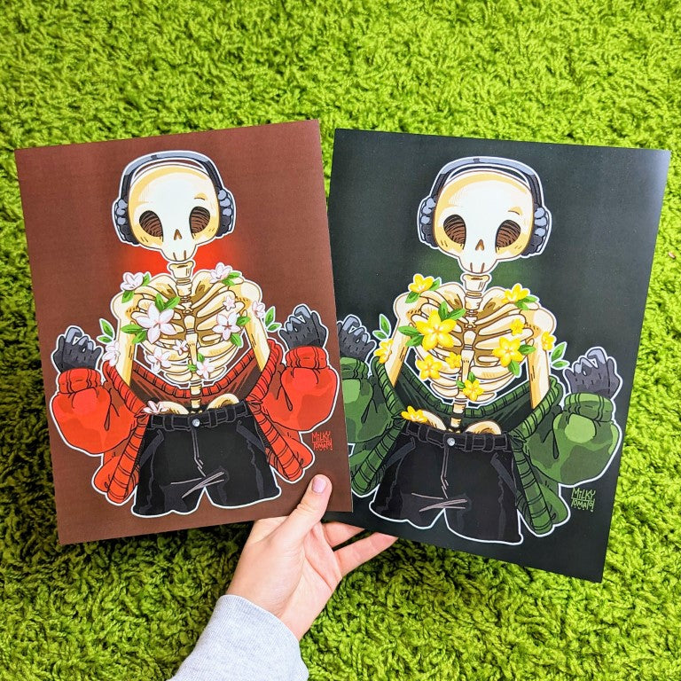 Skeleton Cade large prints with red and green hues and aesthetic flower design.