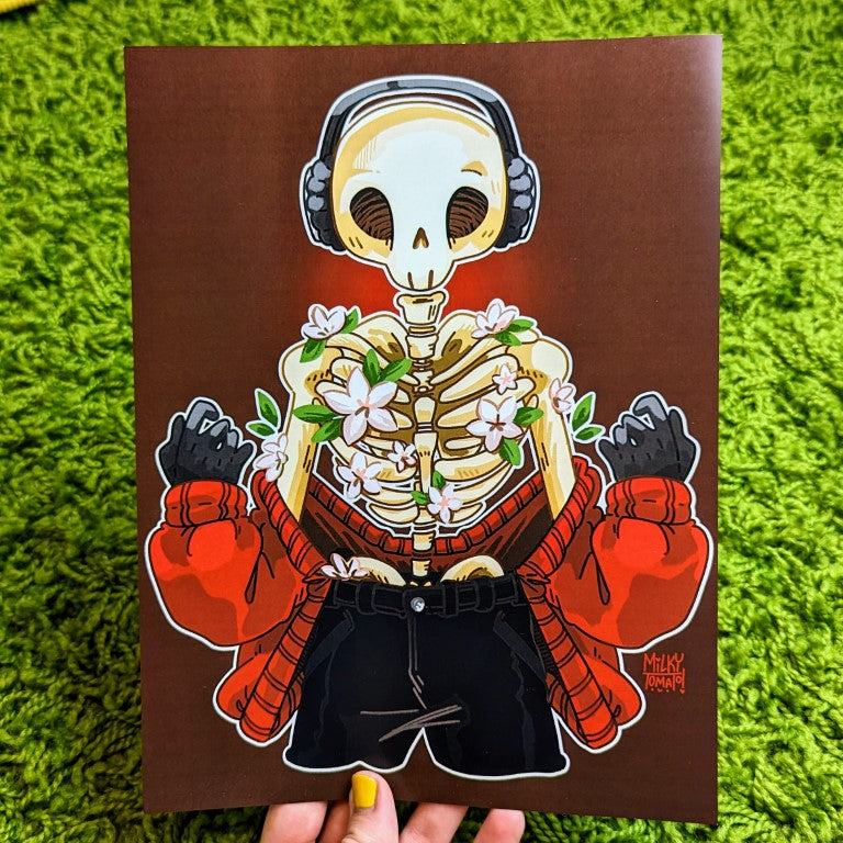 Skeleton Cade large print with red background hue and aesthetic flower design.