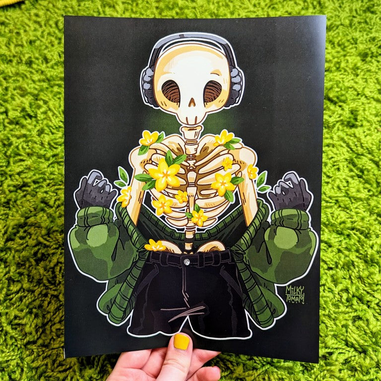 Skeleton Cade large print with green background hue and aesthetic flower design.