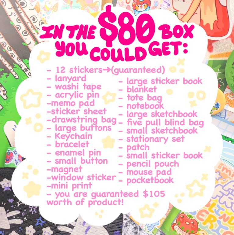 List of what might come in a $80 cute mystery gift box