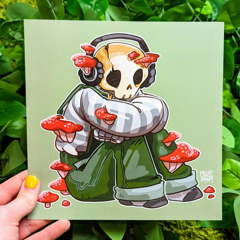 A large print featuring an aesthetic skeleton design with red mushroom accents.