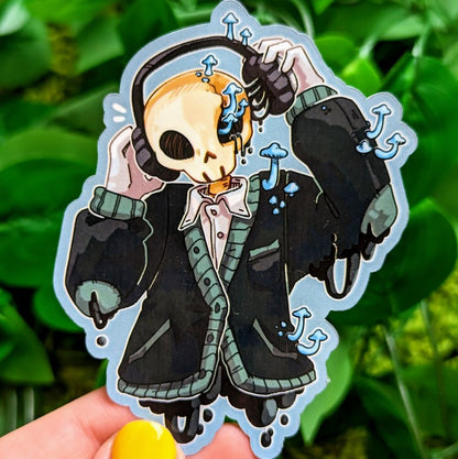 A sticker featuring an aesthetic skeleton design with blue mushroom accents.