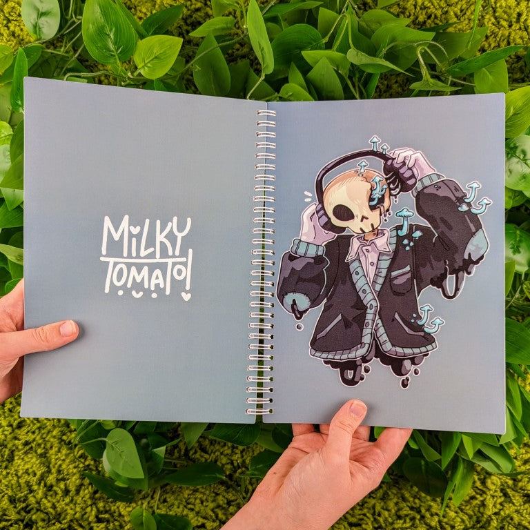 Front and back view of the large Skeleton Cade blue mushroom reusable sticker book.