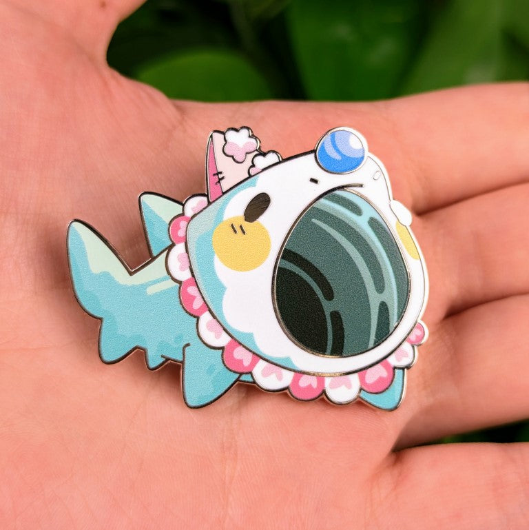 Front of clown whale shark enamel pin