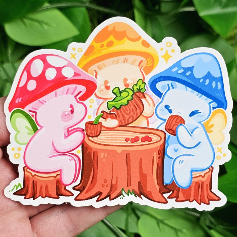 Red, yellow, and blue Mushroom Fairy Tea Time