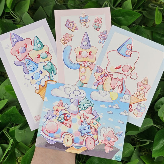 Four Star Baby Clown Mini Prints held out by Milky