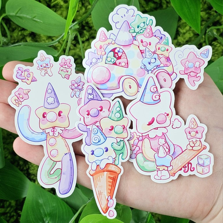 Four Star Baby Clown stickers in Milky's hand