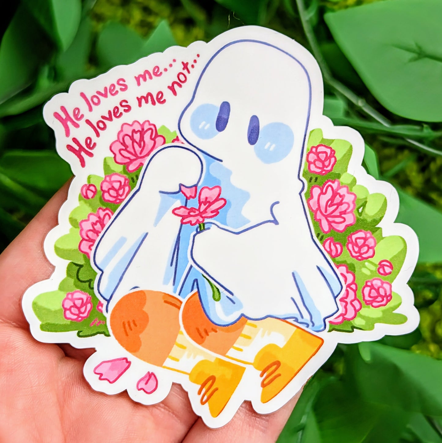 valentine flower ghost sticker with he loves me text