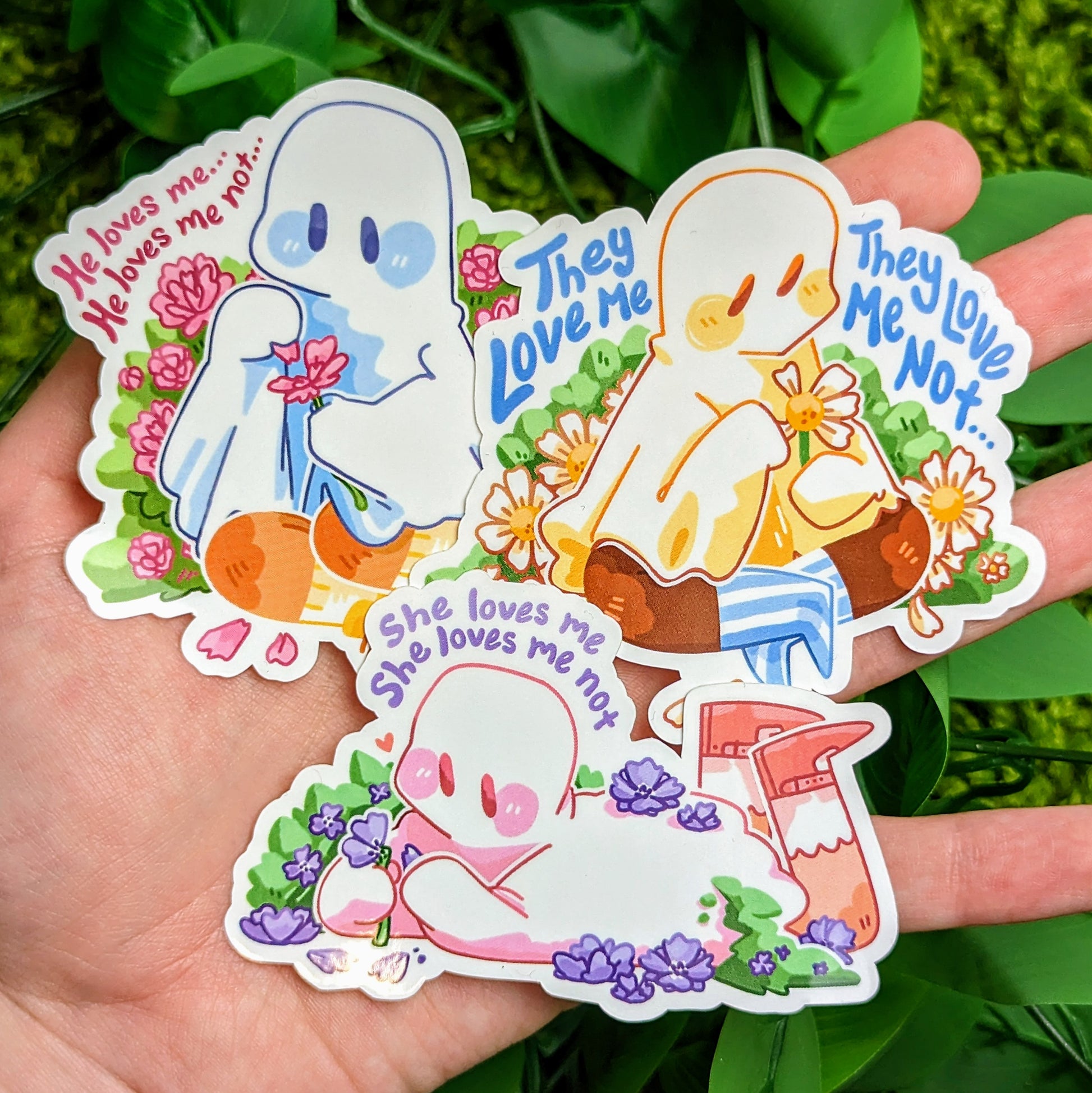 3 valentine flower ghost stickers in milky's hand